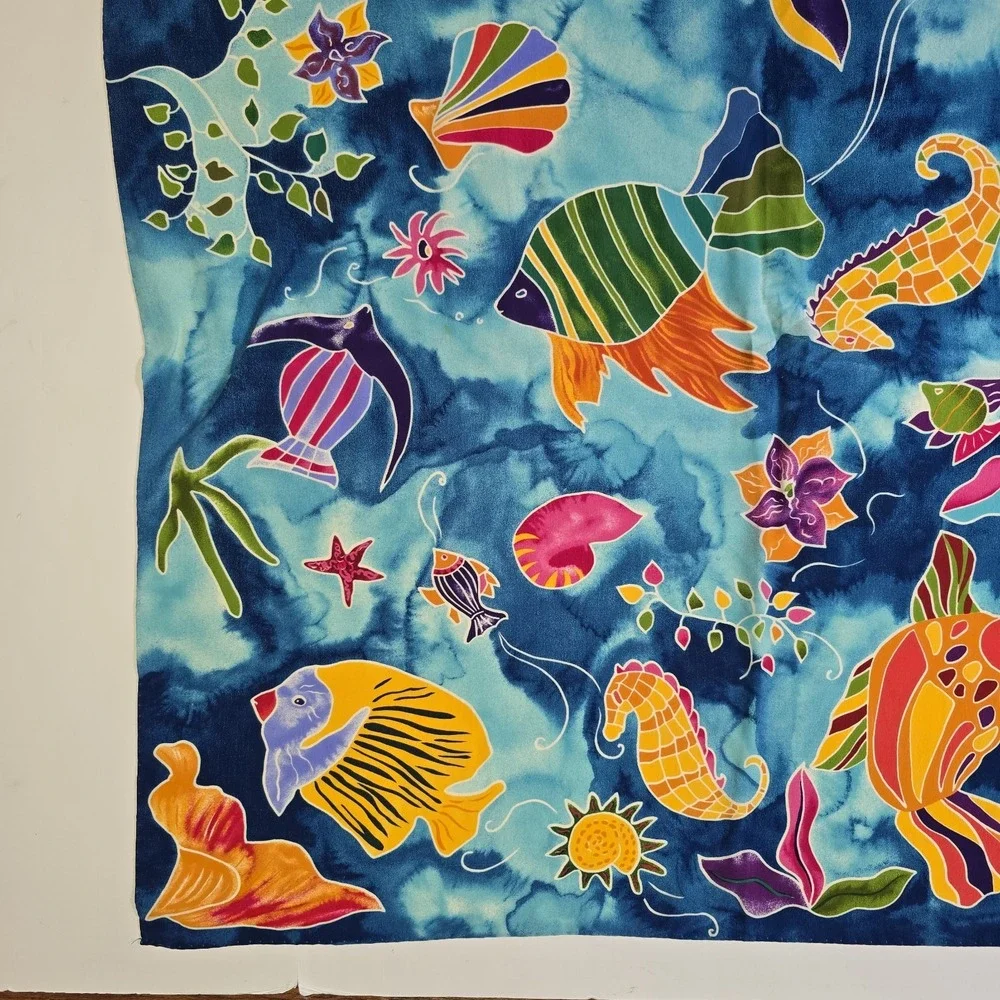 Talbots 100% Silk Scarf Tropical Fish Watercolor Square Hand Rolled Italy *Spots